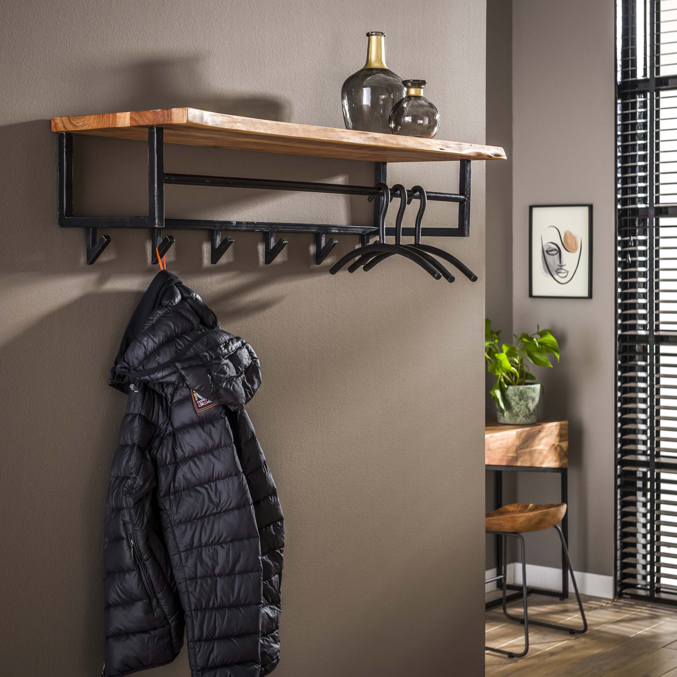Kapstok Edge roede en hoedenplank 6 haken / Massief acacia