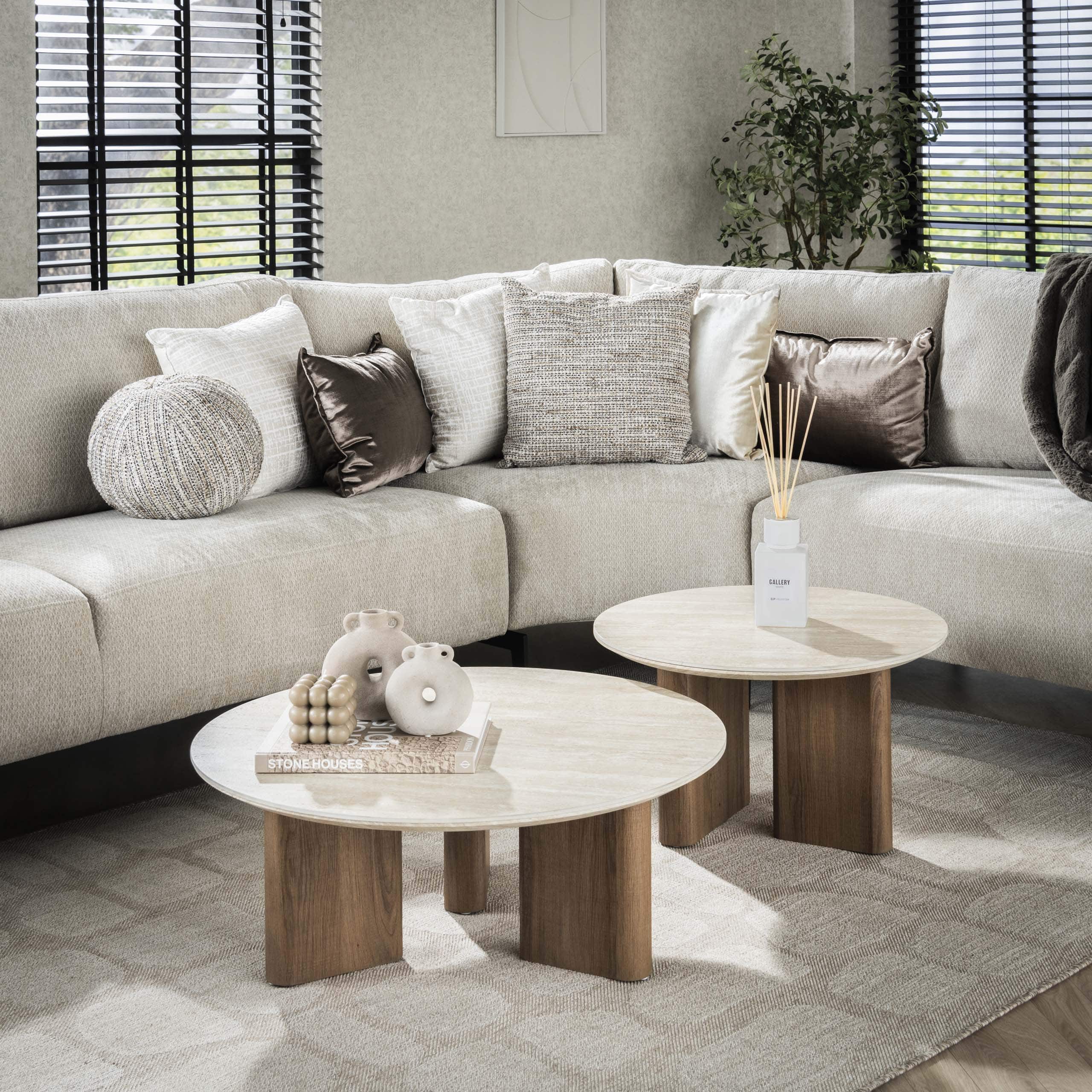 Salontafel Romano rond set van 2 / Keramiek travertin