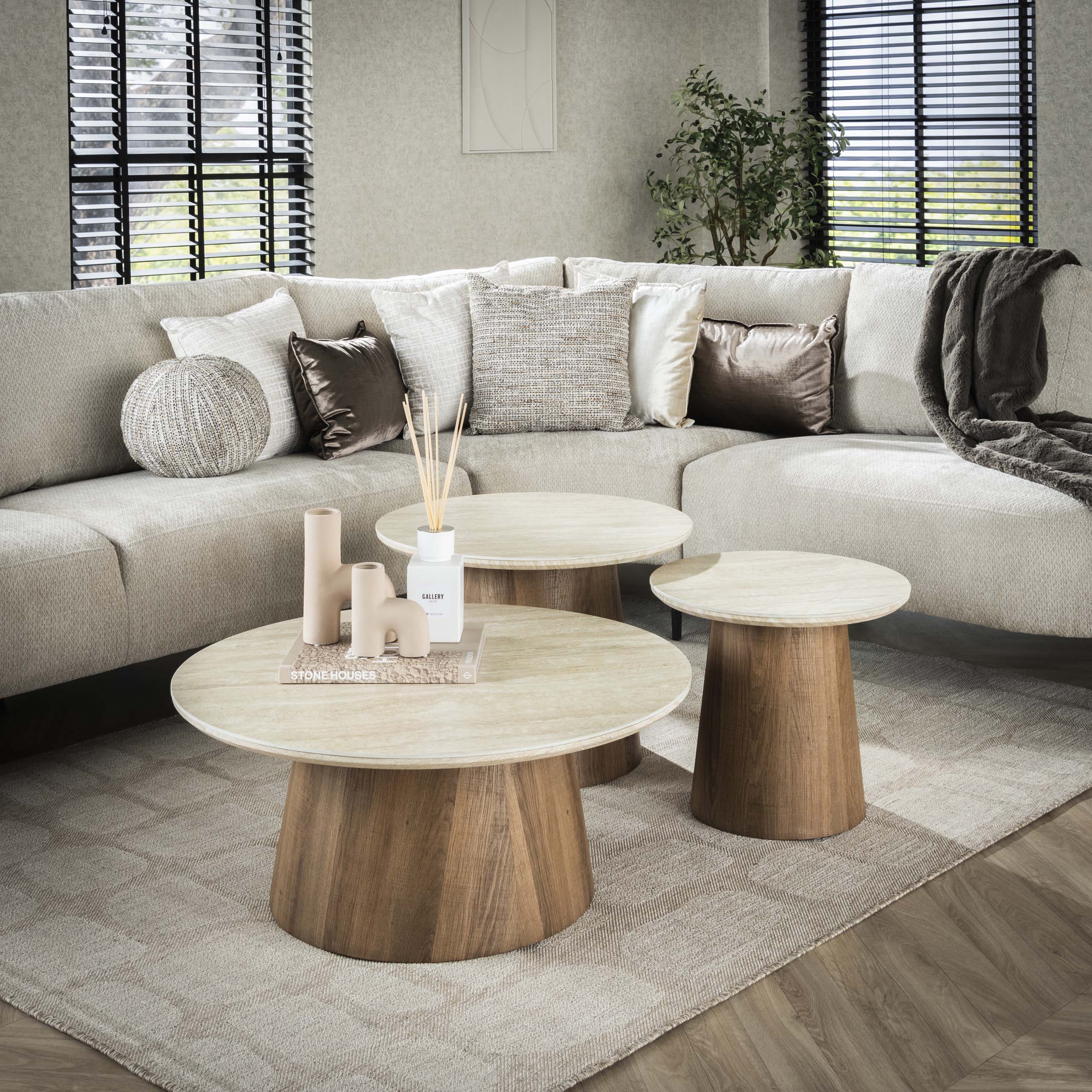 Salontafel Romano rond set van 3 / Keramiek travertin