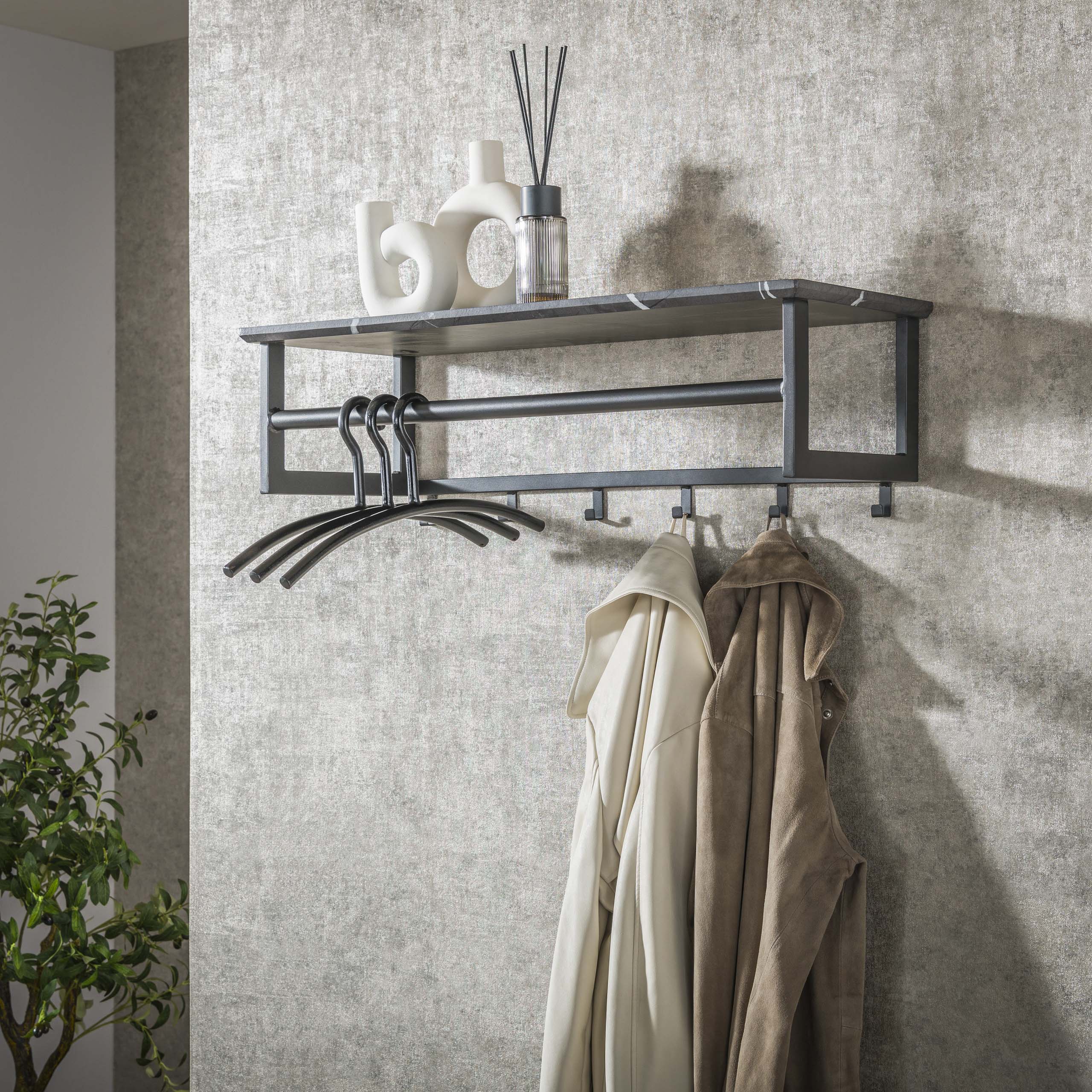 Kapstok Tenaro roede en hoedenplank 6 haken / 3D melamine graphite