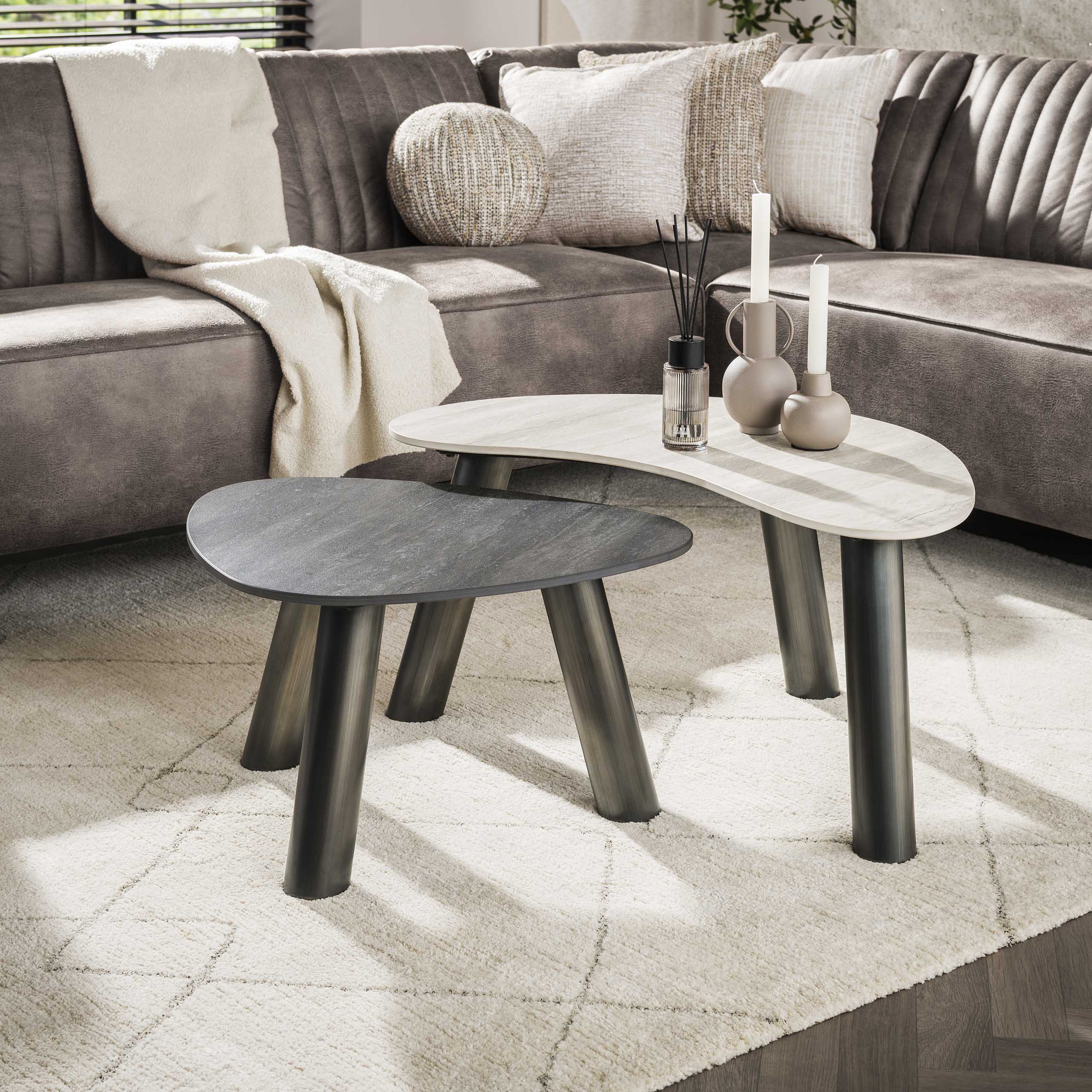 Salontafel Twin organisch set van 2 / 3D keramiek travertin zwart/grijs
