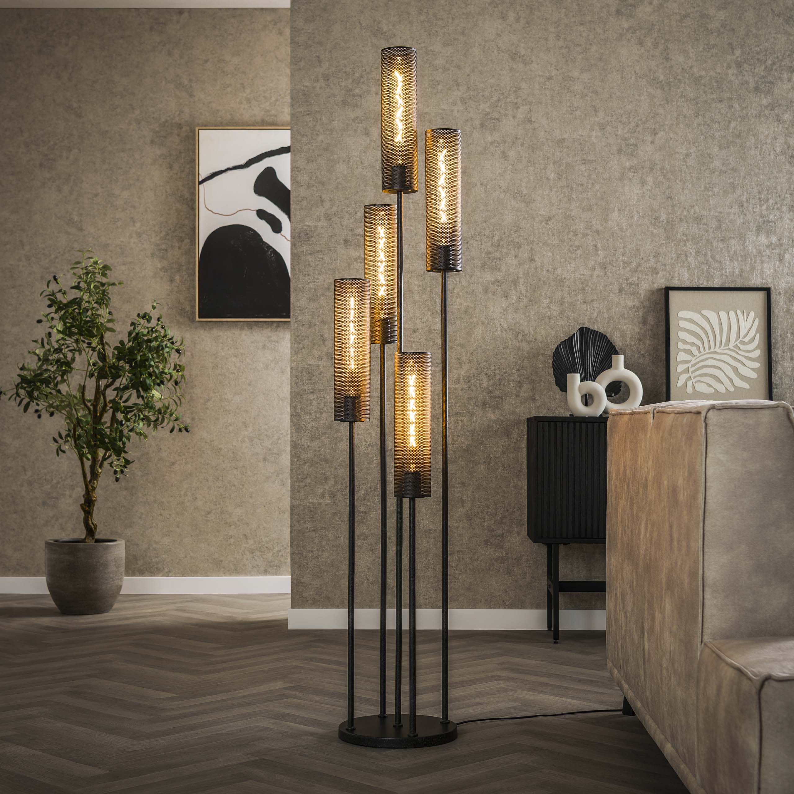 Vloerlamp Tube Mesh getrapt 5-lichts / Artic zwart