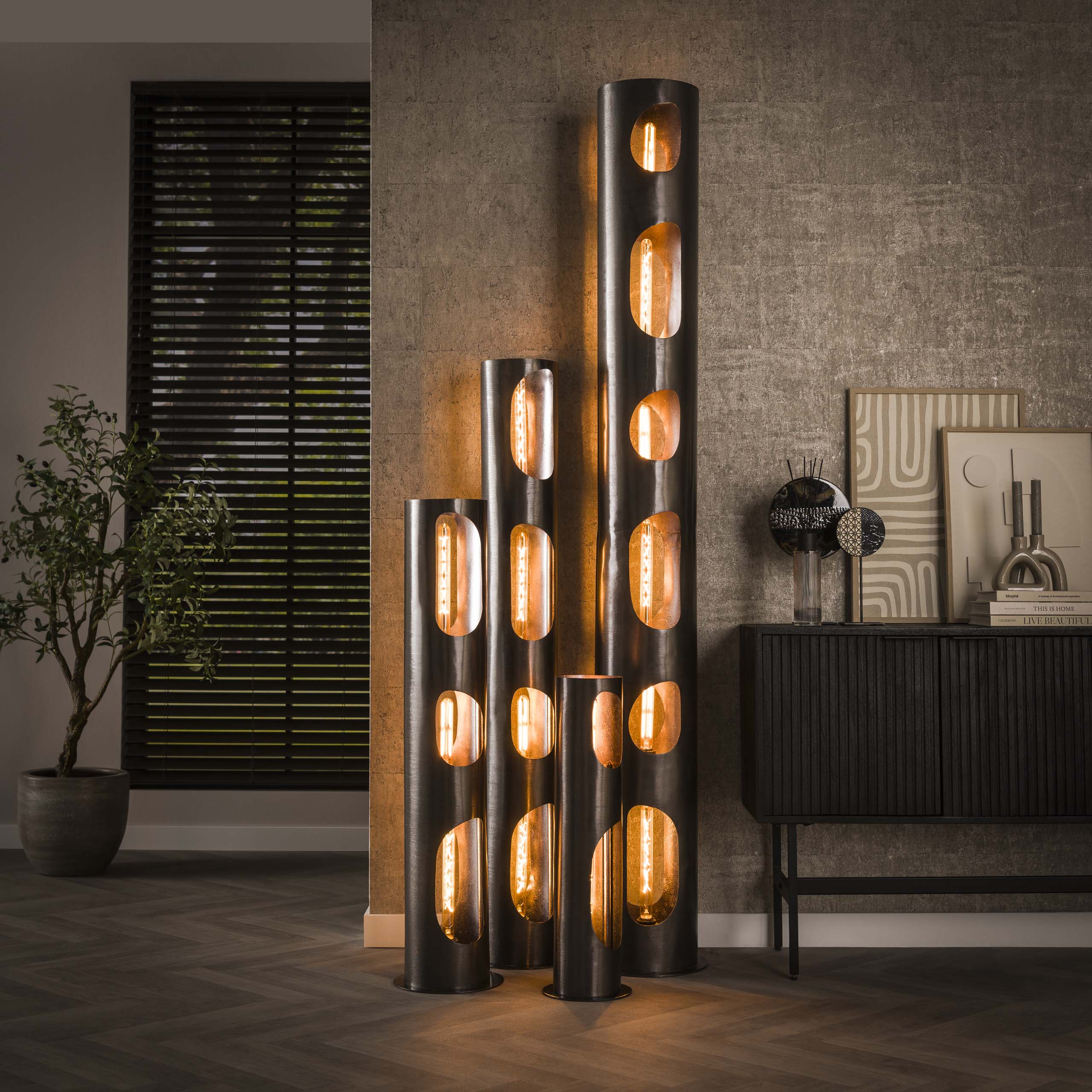 Vloerlamp Organic Cylinder 2-lichts / Zwart nikkel