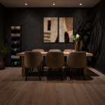Bruuts-Woodbury-Stelvio-Eettafel-Woodbury-Wooden-Block-Leg-UrbanSofa-Evan-Eetkamerfauteuil-Soho-Taupe-Zijaanzicht