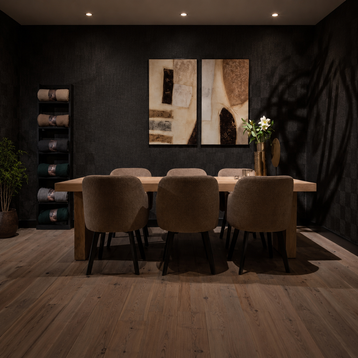 Bruuts-Woodbury-Stelvio-Eettafel-Woodbury-Wooden-Block-Leg-UrbanSofa-Evan-Eetkamerfauteuil-Soho-Taupe-Zijaanzicht