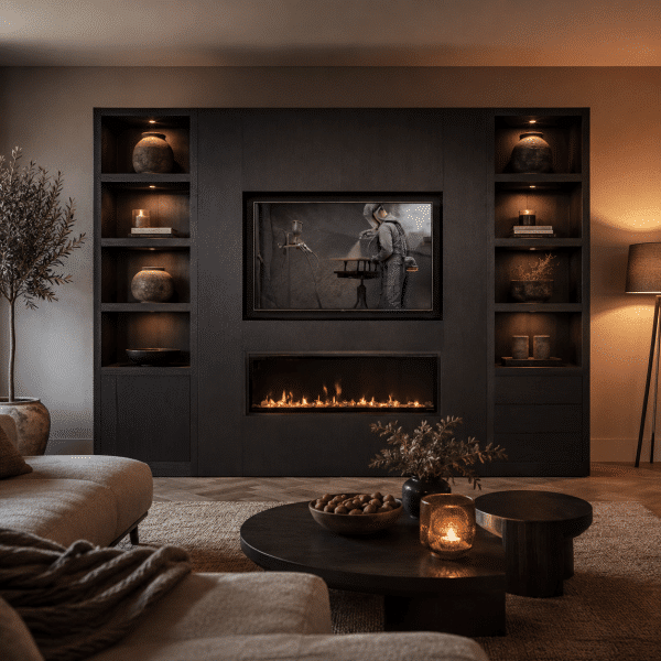 Van der Drift cinewall 75 inch Marque met open vak voor inbouwhaard type XXXII 240x40x230 cm eiken