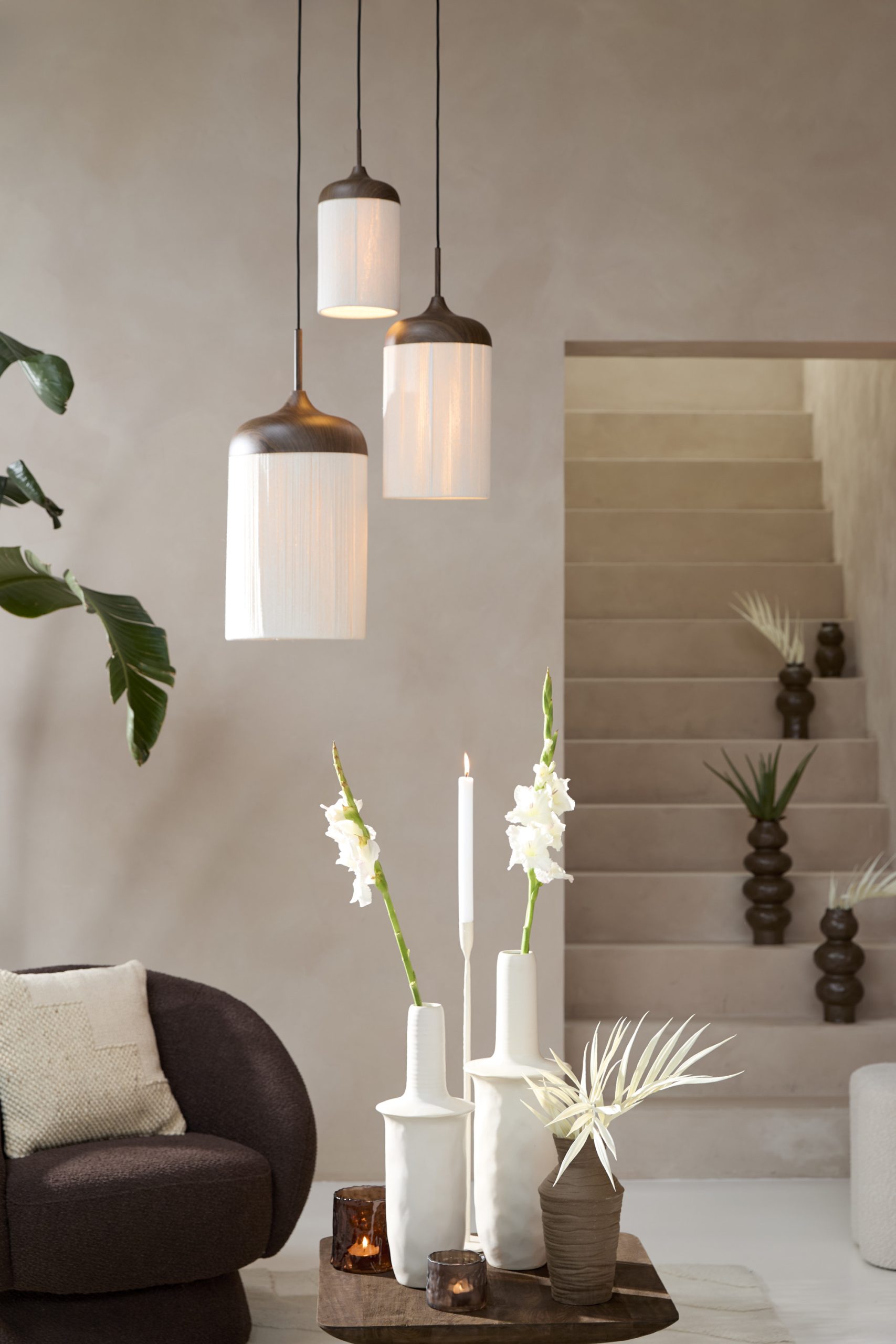 Light & Living Hanglamp Ø27,5x52 cm DANIA hout print d bruin+touw crème