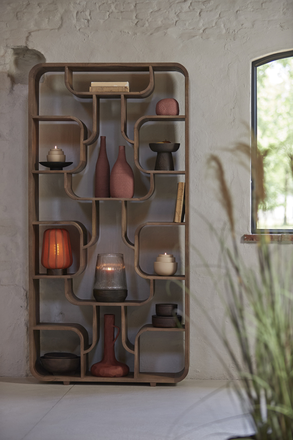 Light & Living Windlicht Ø18x26 cm MINAS glas ribbel helder+hout dnkr bruin