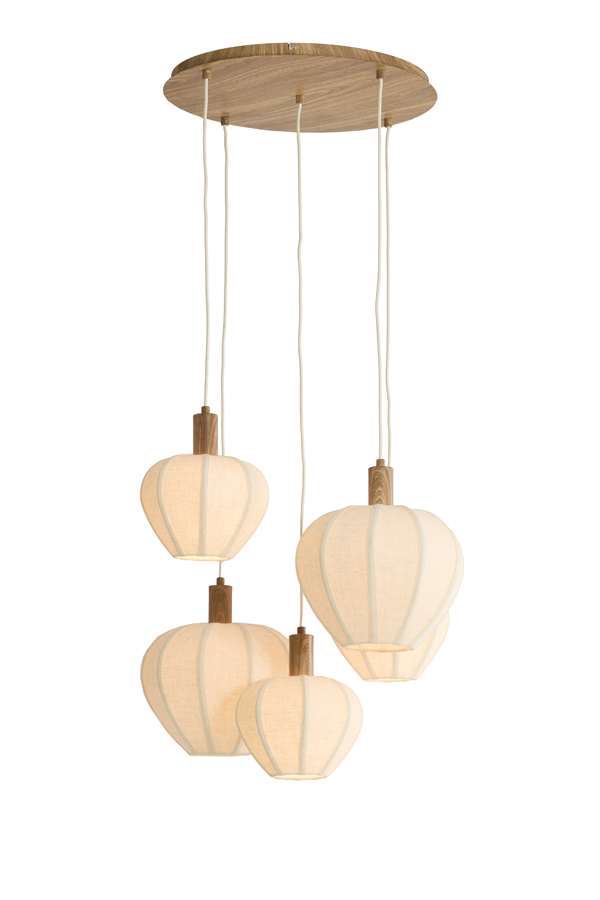 Light & Living Hanglamp 5L Ø76x80 cm HUXI hout print naturel+linnen crème
