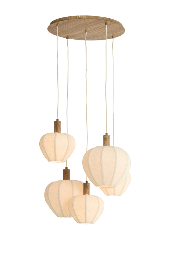 Light & Living Hanglamp 5L Ø76x80 cm HUXI hout print naturel+linnen crème