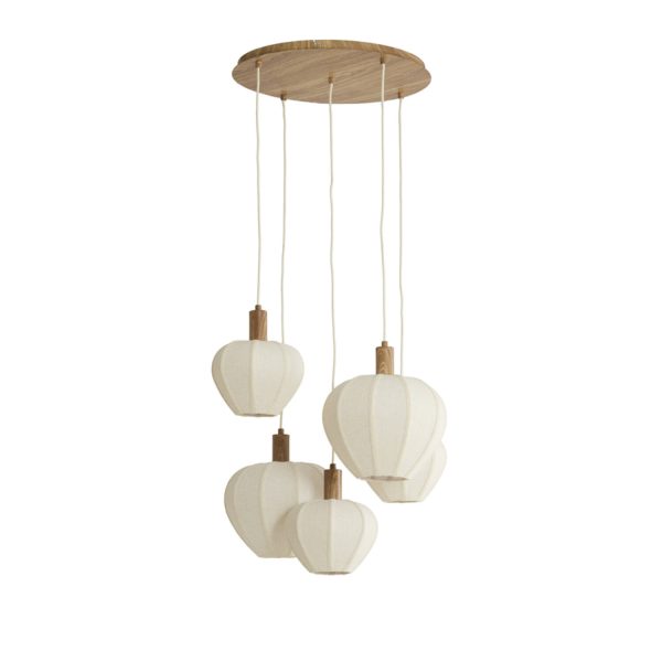 Light & Living Hanglamp 5L Ø76x80 cm HUXI hout print naturel+linnen crème