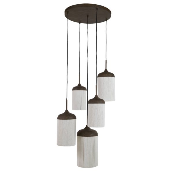 Light & Living Hanglamp 5L Ø50x32 cm DANIA hout print d bruin+touw crème
