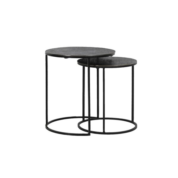 Light & Living Bijzettafel S/2 Ø41x46+Ø49x52 cm RENGO relief zwart nikkel