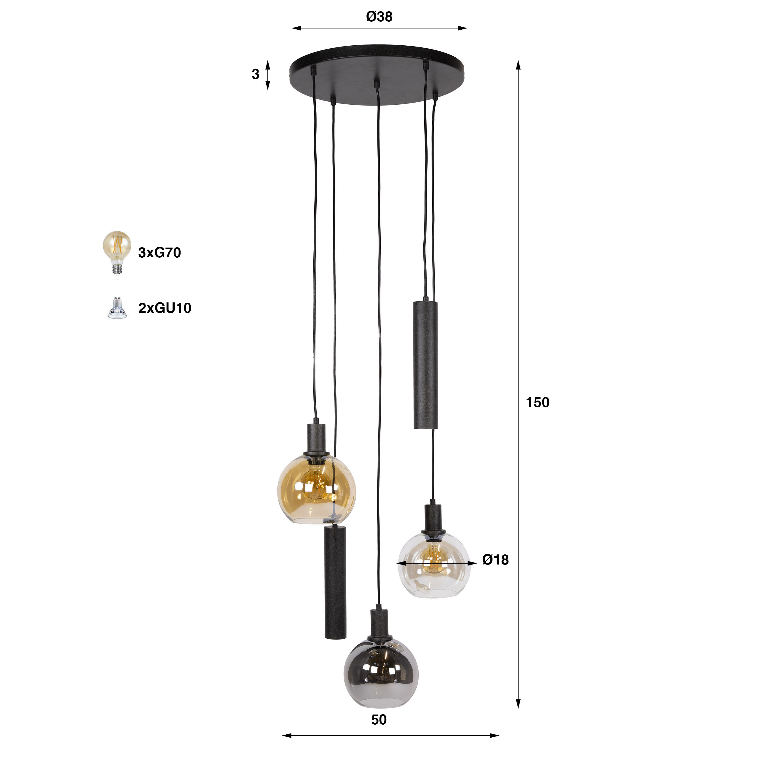 Zijlstra Hanglamp Sfera Tricolore getrapt 5L