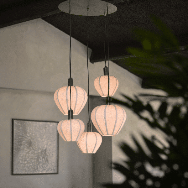 Light & Living Hanglamp 5L Ø76x80 cm HUXI hout prnt d bruin+linnen nat.