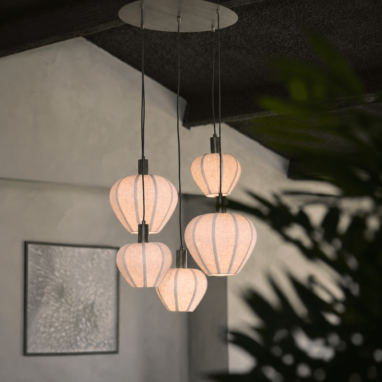 Light & Living Hanglamp 5L Ø76x80 cm HUXI hout prnt d bruin+linnen nat.