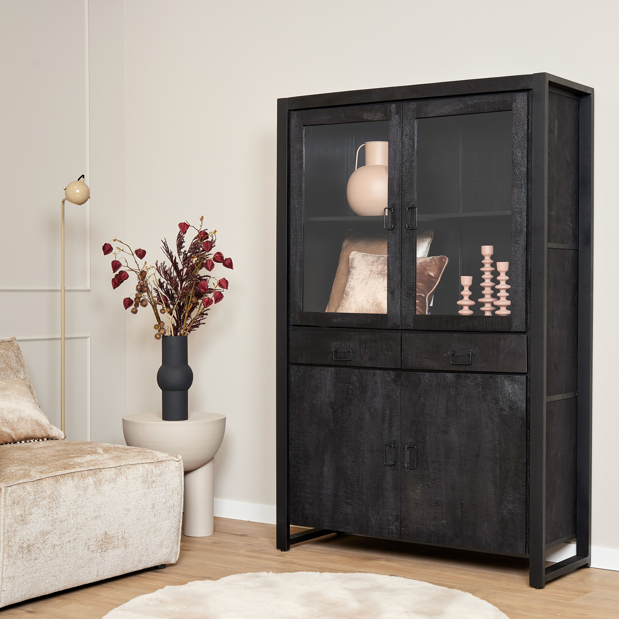 Starfurn Vitrinekast Boaz Zwart Mangohout 115 cm