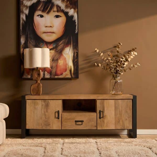 MAGAZIJN OPRUIMING Starfurn Tv meubel Britt met deuren en lade Naturel Mangohout 150 cm/ nieuw in doos